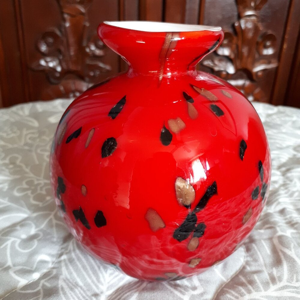 Red Decorative Art Glass Vase with Black and Gold Accents